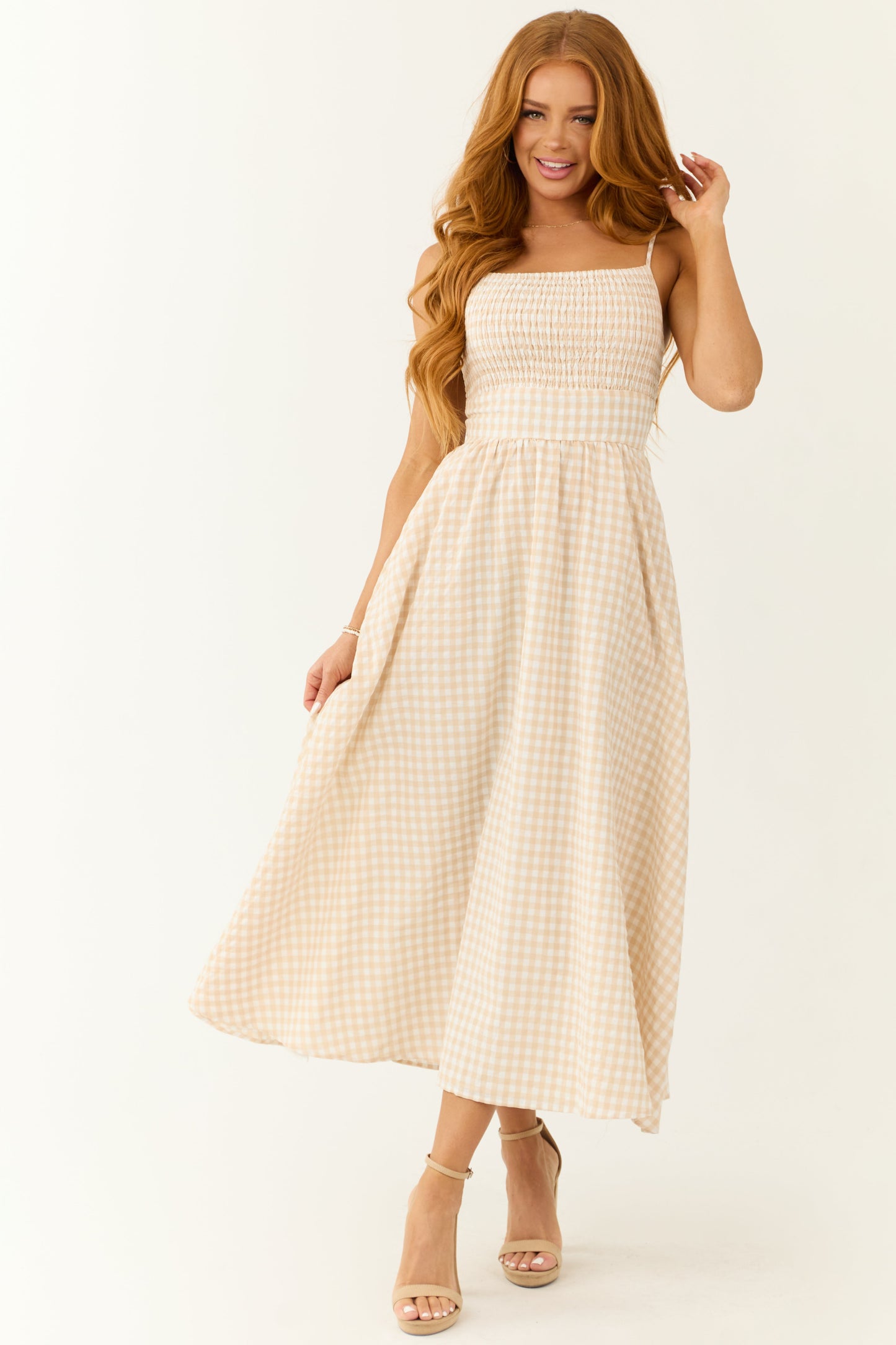 Women Blush Gingham Square Neck Sleeveless Midi Dress