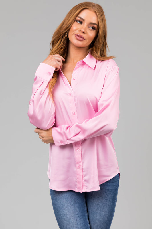 Women Blush Satin Button Front Collared Shirt