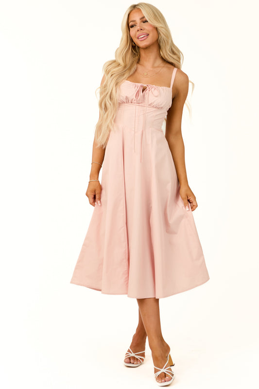 Women Blush Smocked Front Tie Sleeveless Midi Dress
