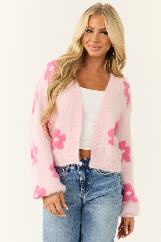 Women’s Floral Print Open-Front Cardigan Sweater – Blush