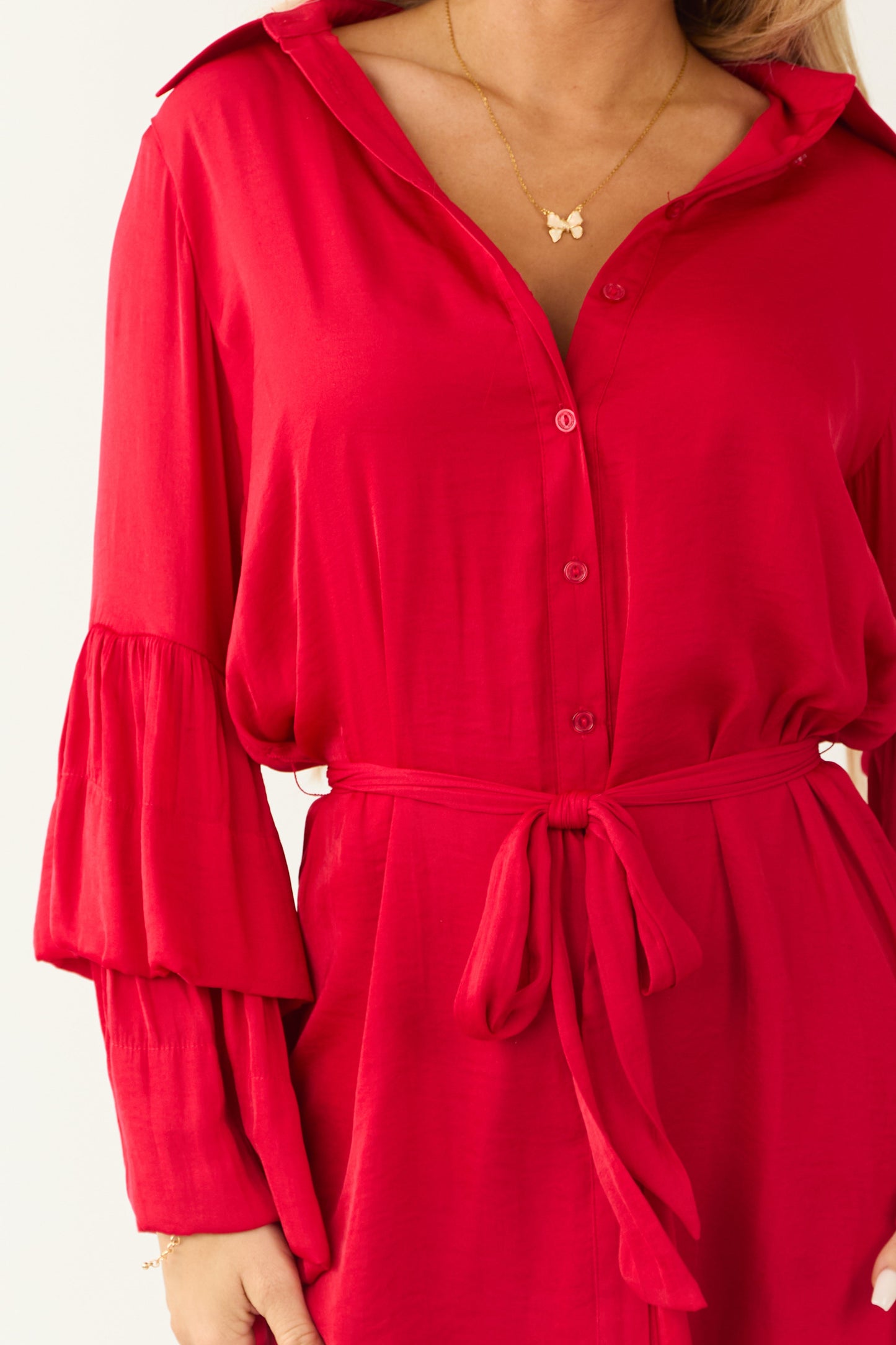 Women Bright Ruby Tiered Bell Sleeve Long Sleeve Mini Dress