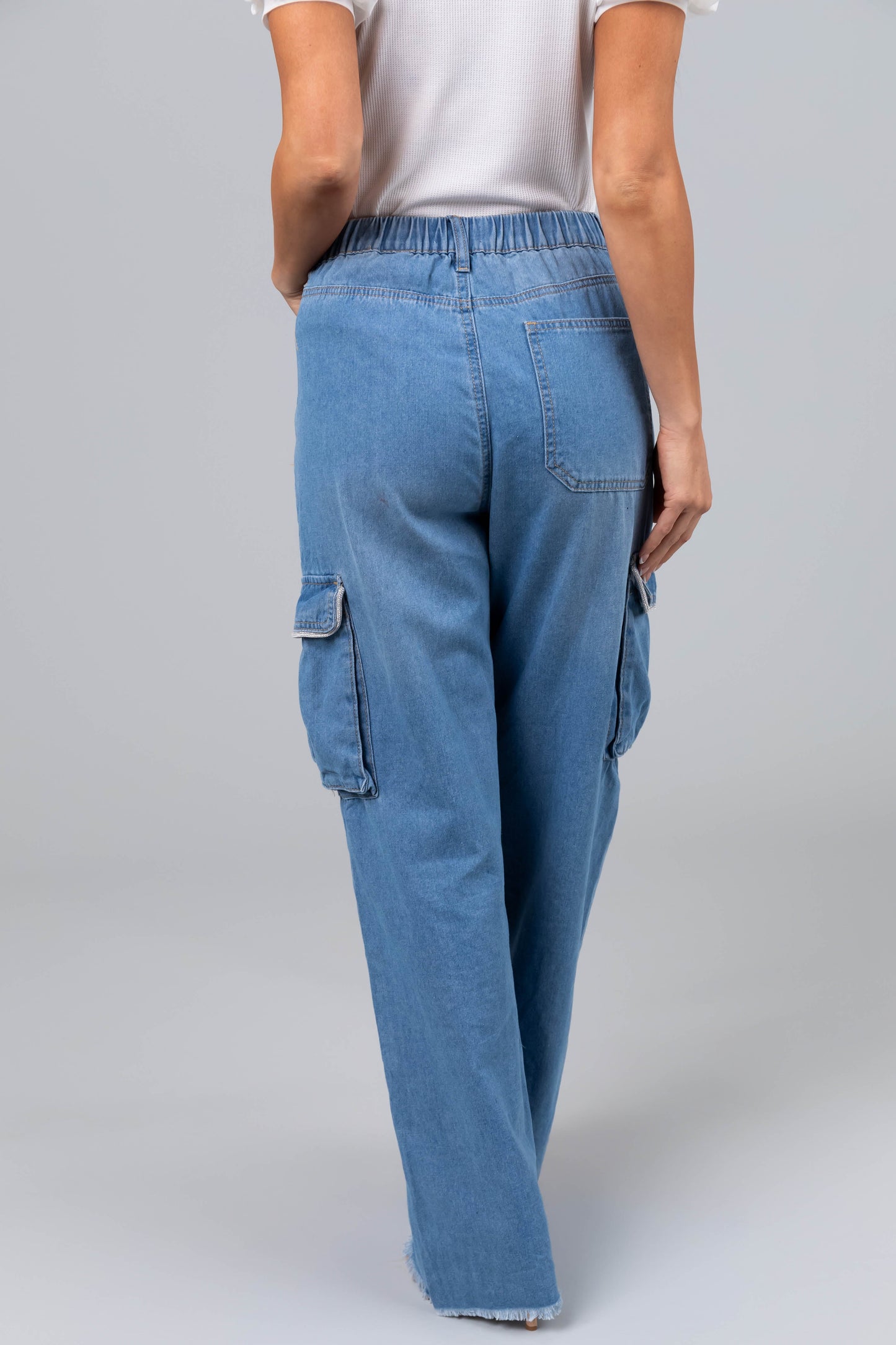 Women Light Wash Rhinestone Cargo Jeans