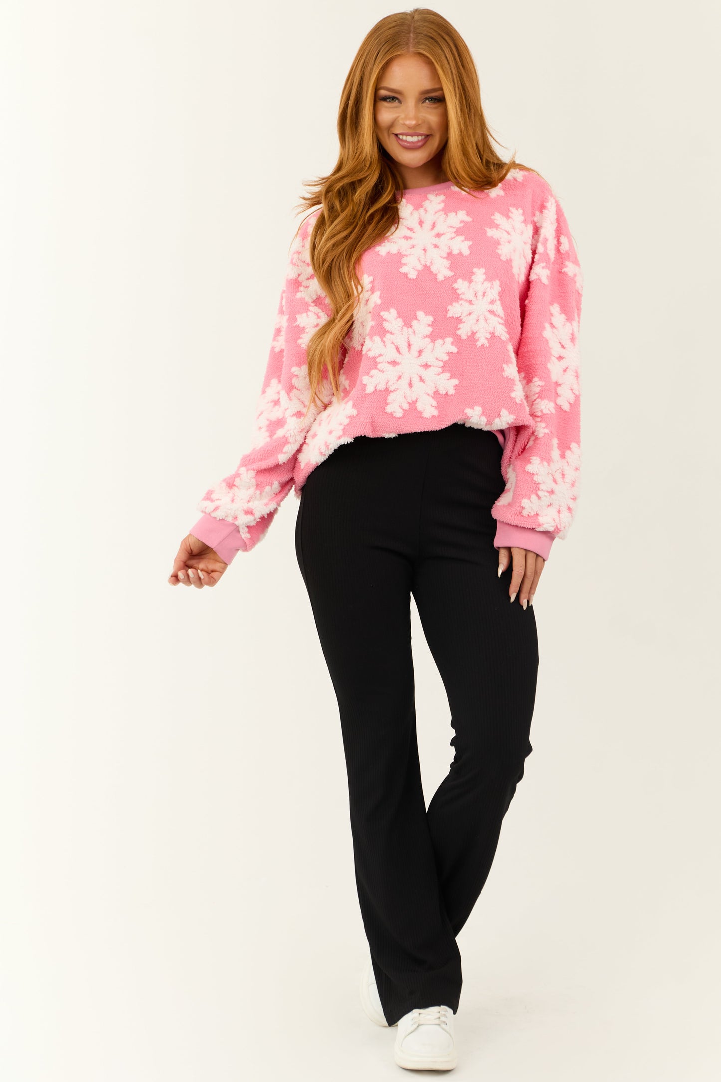 Women Bright Punch Snowflake Soft Sherpa Pullover Top