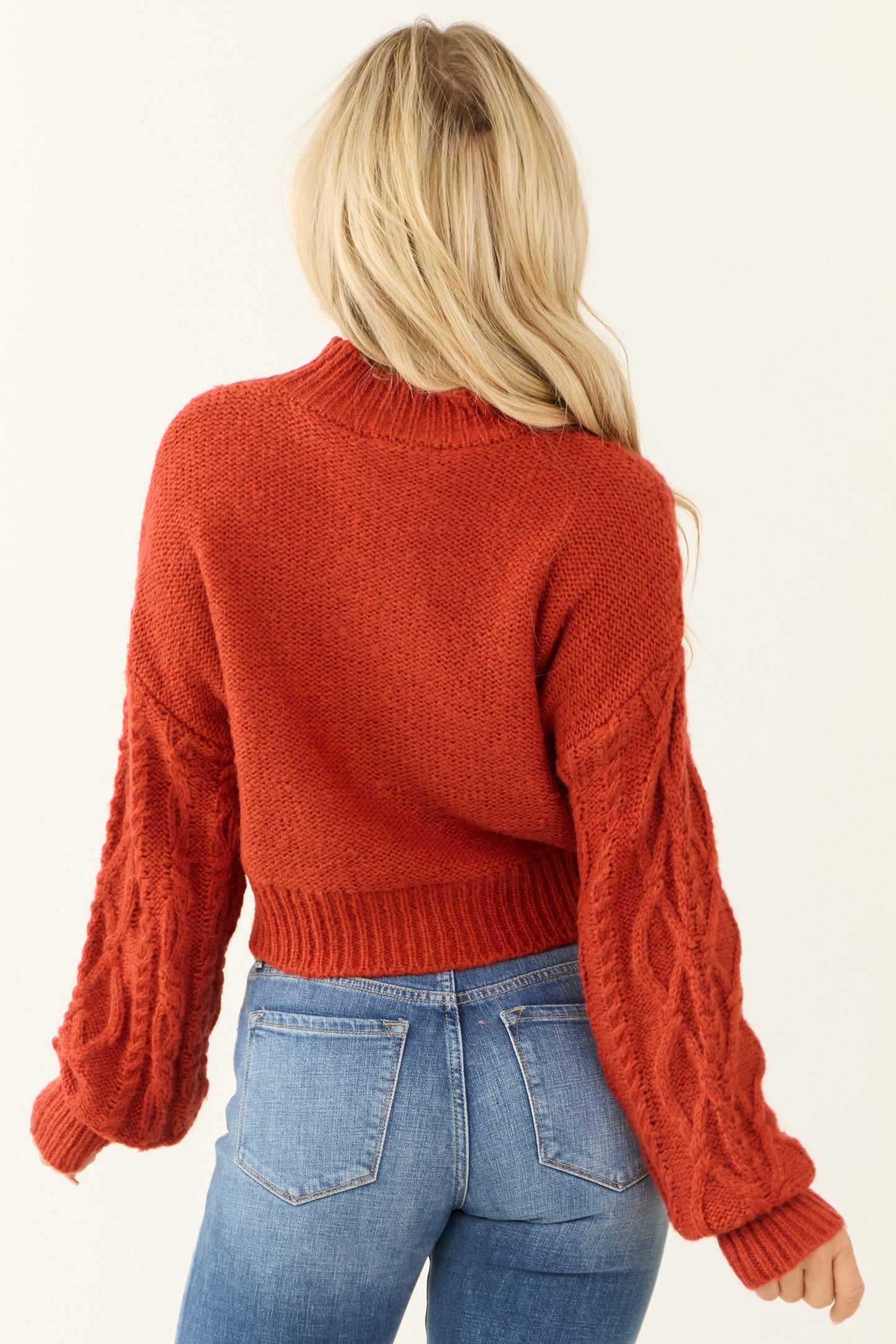 Women Brick Mock Neck Cable Knit Sweater