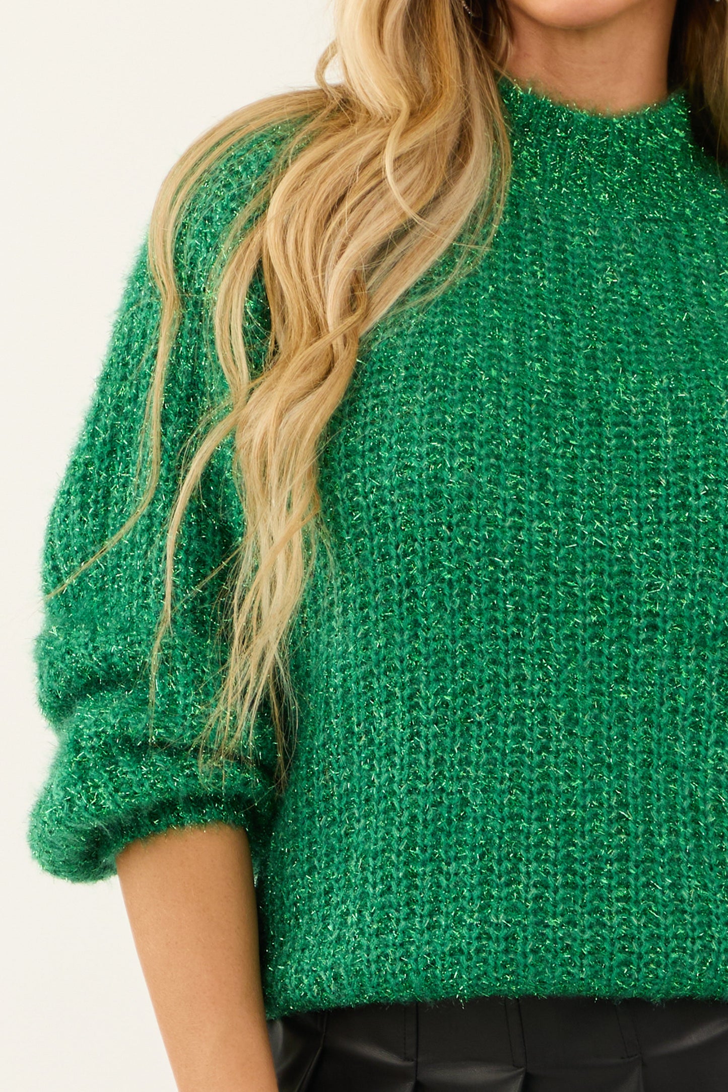 Women Bright Kelly Green Tinsel Yarn Mock Neck Sweater