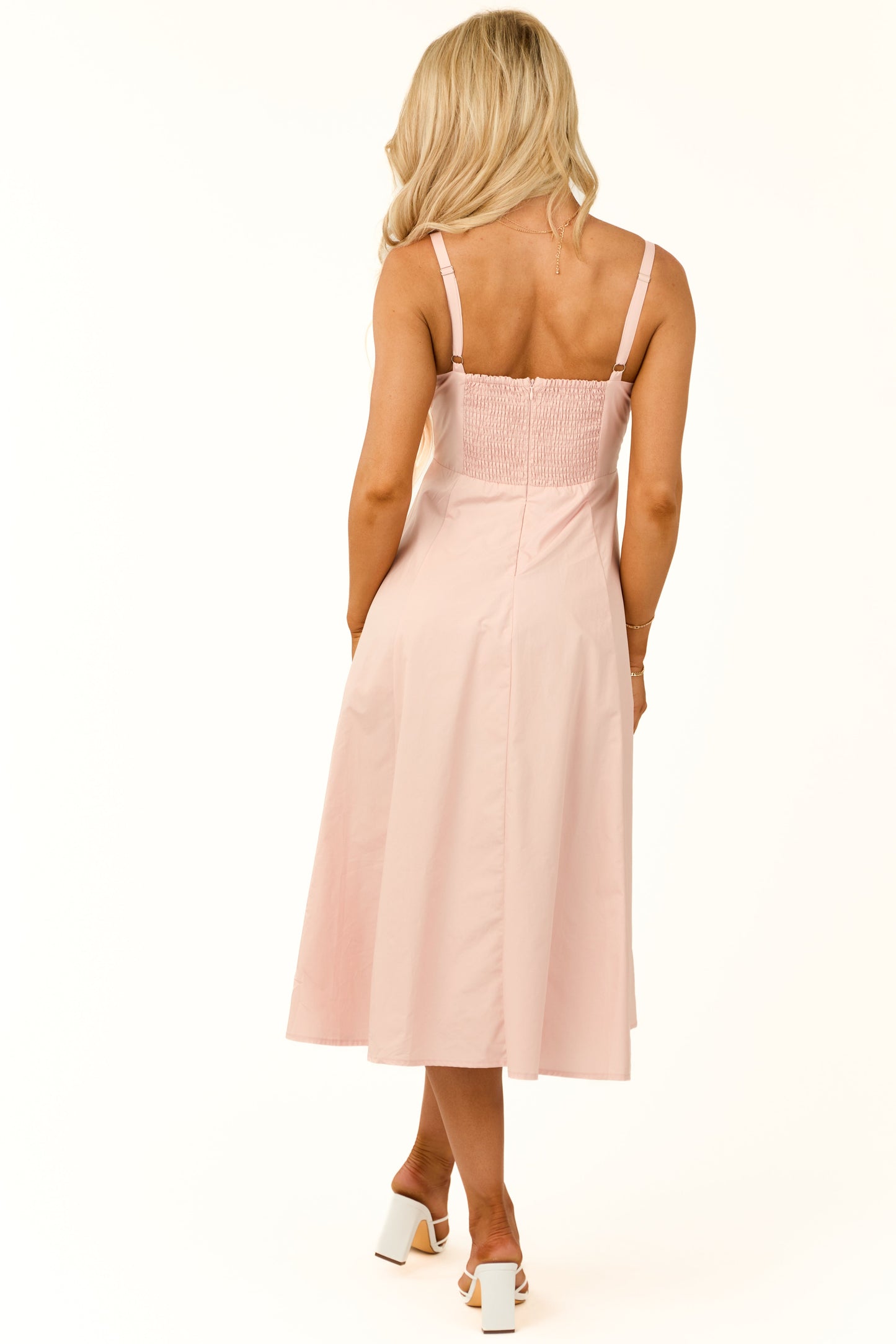 Women Blush Smocked Front Tie Sleeveless Midi Dress