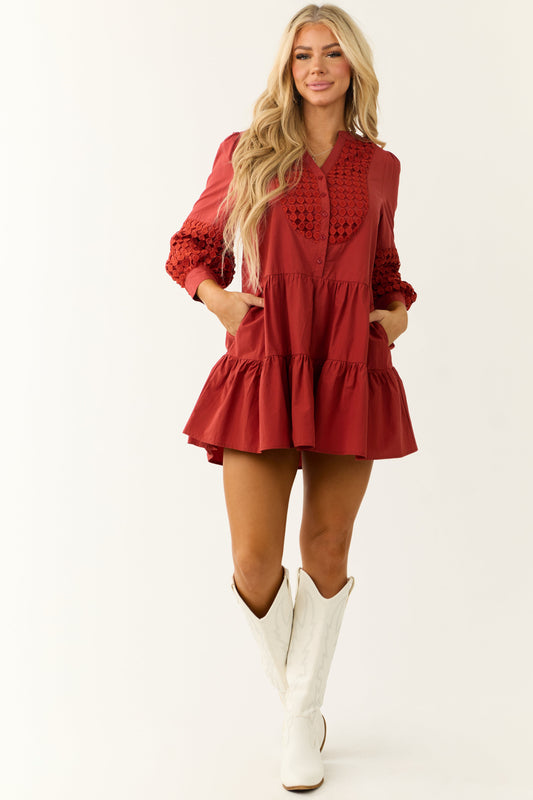 Women Brick Embroidered Stitch Overlay Mini Dress