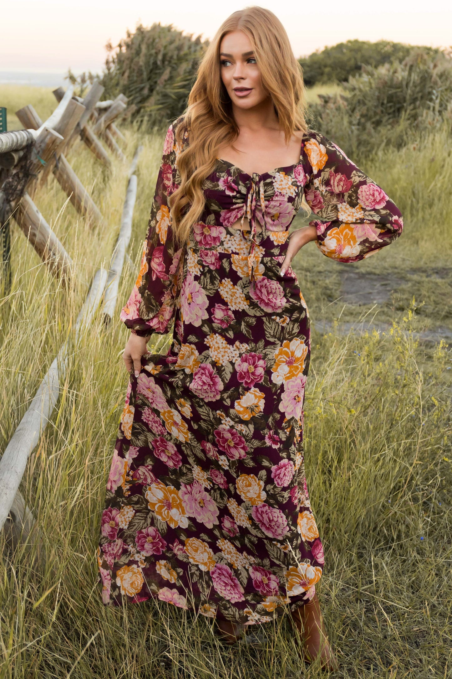 Women Boysenberry Floral Print Long Sleeve Maxi Dress