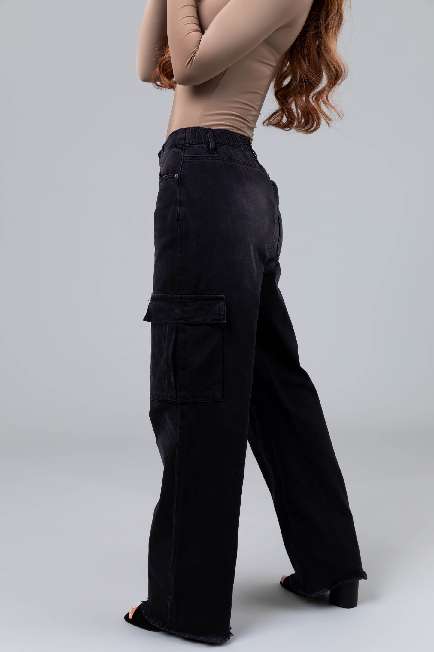 Women Black Cargo Wide Leg Jeans