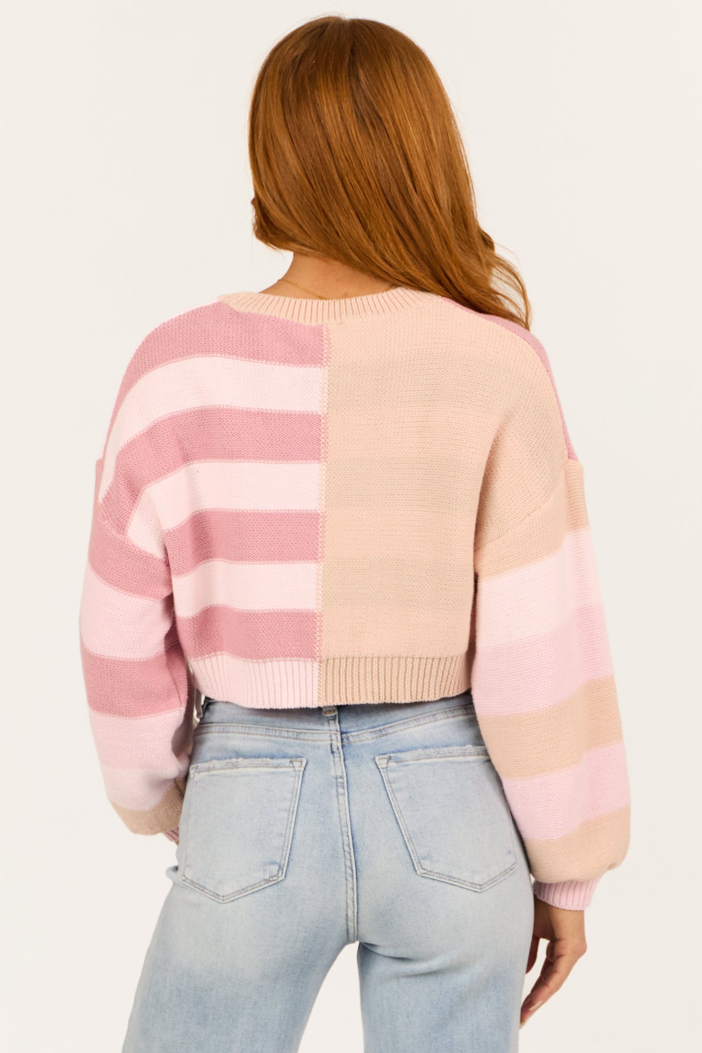 Women Blush Striped Cropped Long Sleeve Sweater