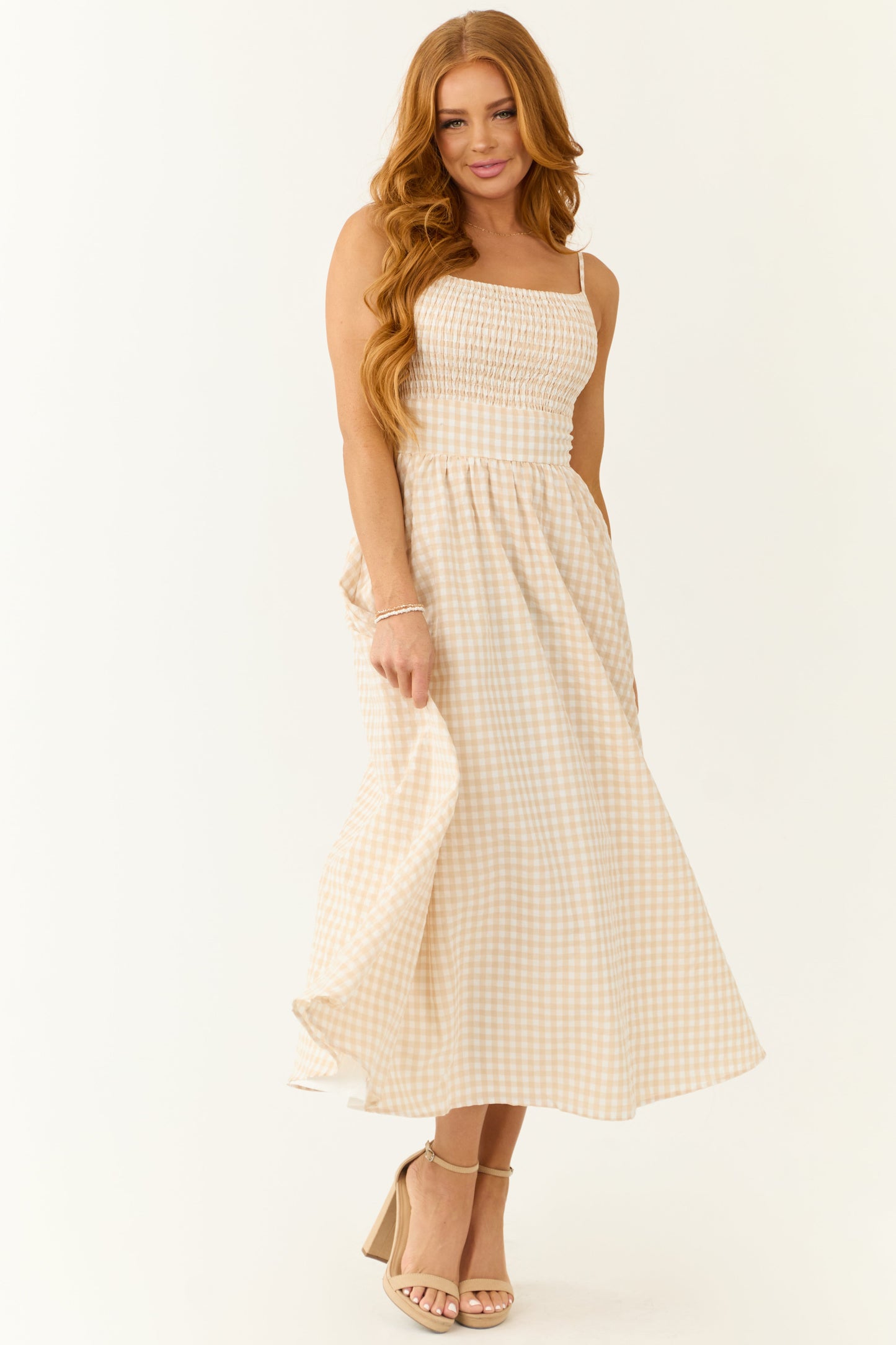 Women Blush Gingham Square Neck Sleeveless Midi Dress