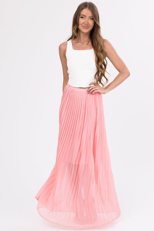 Women Blush Pleated Chiffon Elastic Waist Maxi Skirt