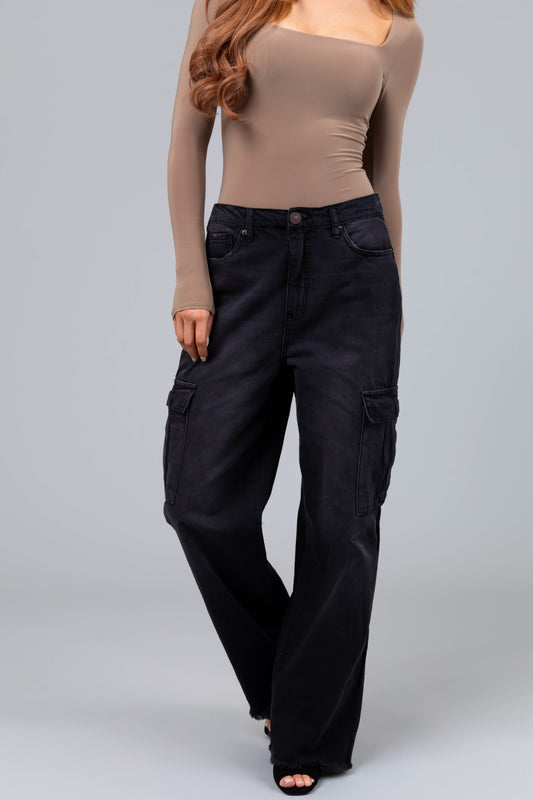 Women Black Cargo Wide Leg Jeans