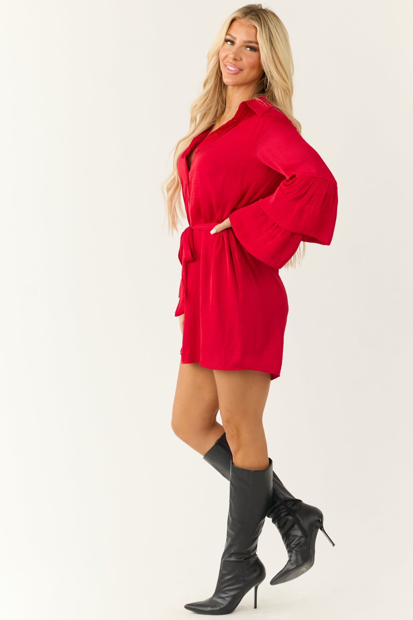 Women Bright Ruby Tiered Bell Sleeve Long Sleeve Mini Dress