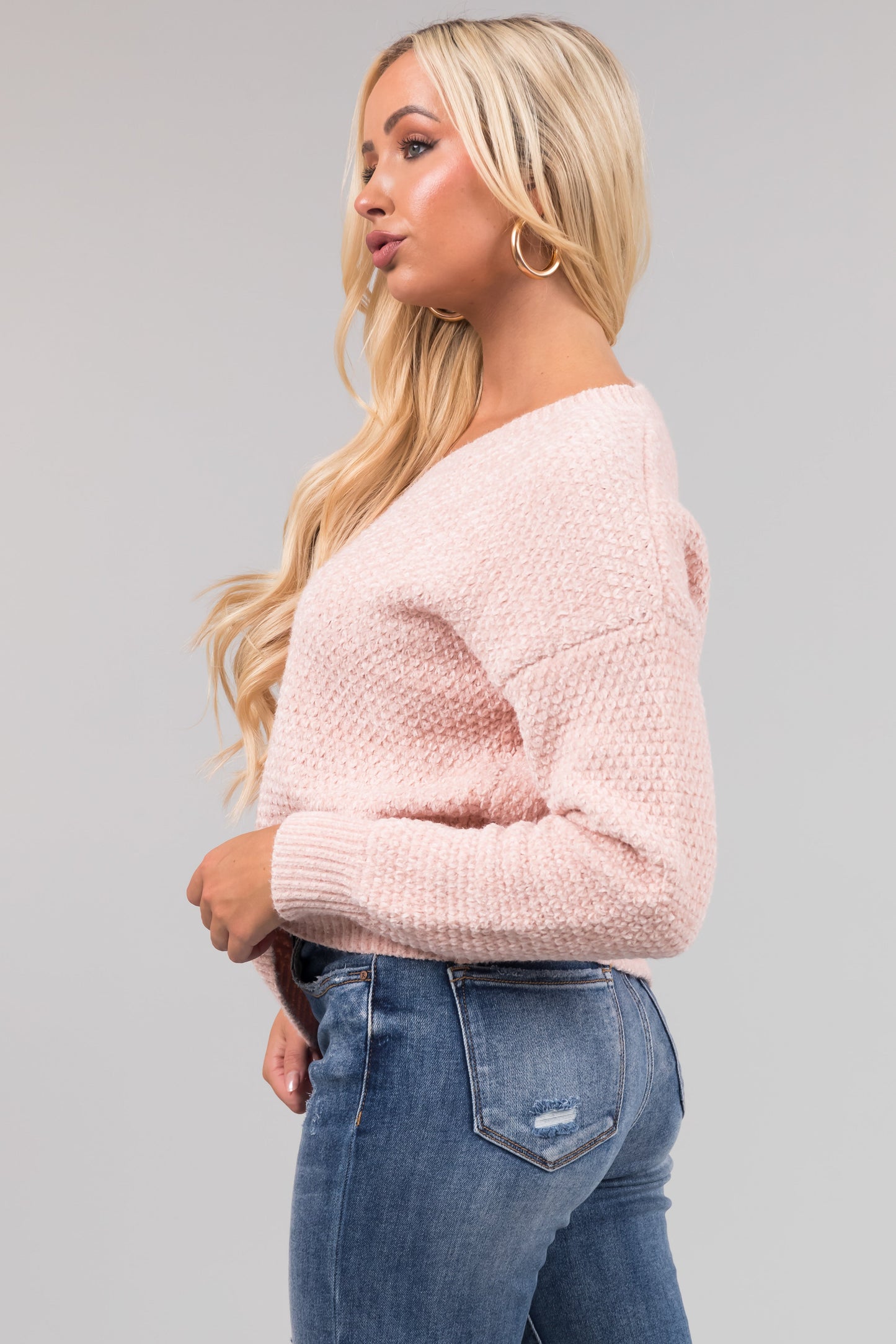 Women Blush Chenille V Neck Sweater