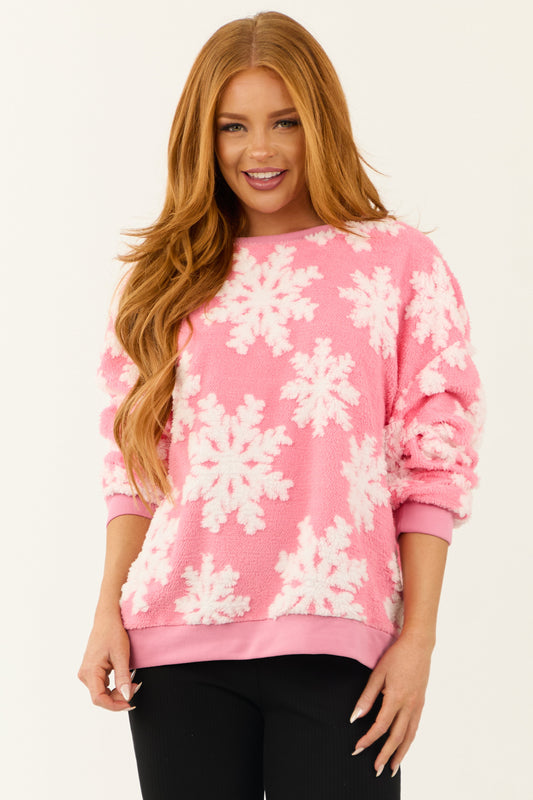 Women Bright Punch Snowflake Soft Sherpa Pullover Top