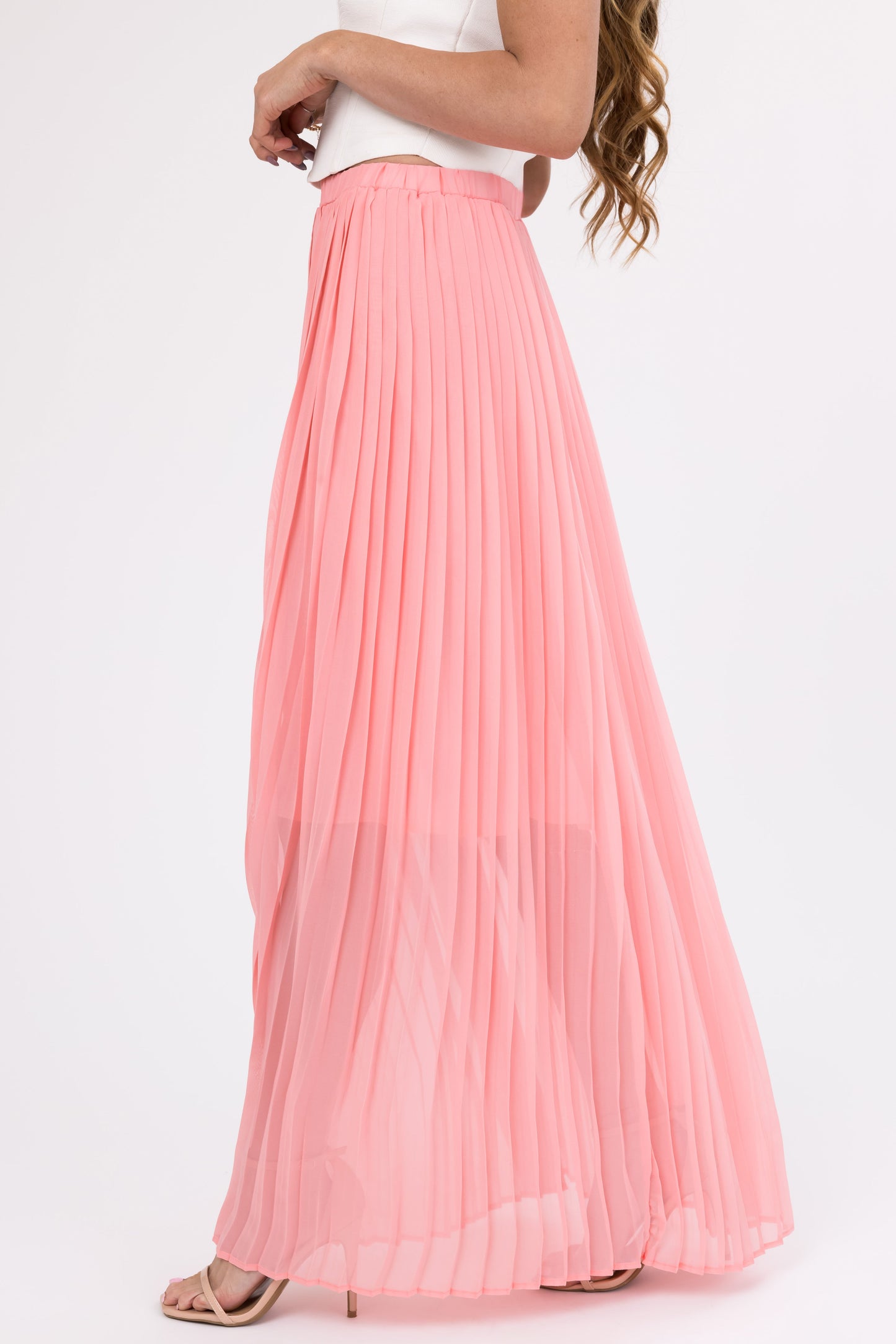 Women Blush Pleated Chiffon Elastic Waist Maxi Skirt