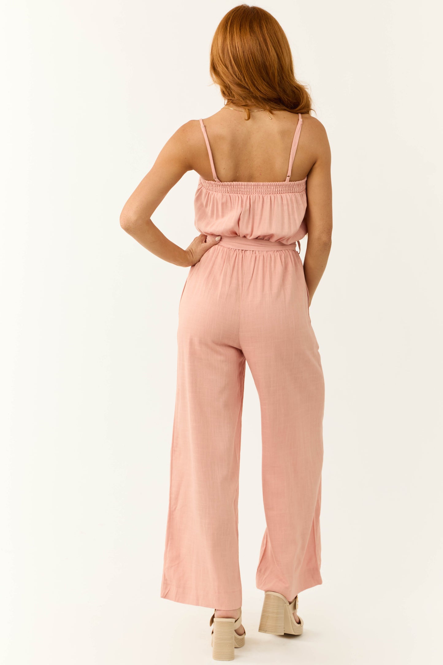Women Blush Linen Tie Waist Sleeveless Jumpsuit