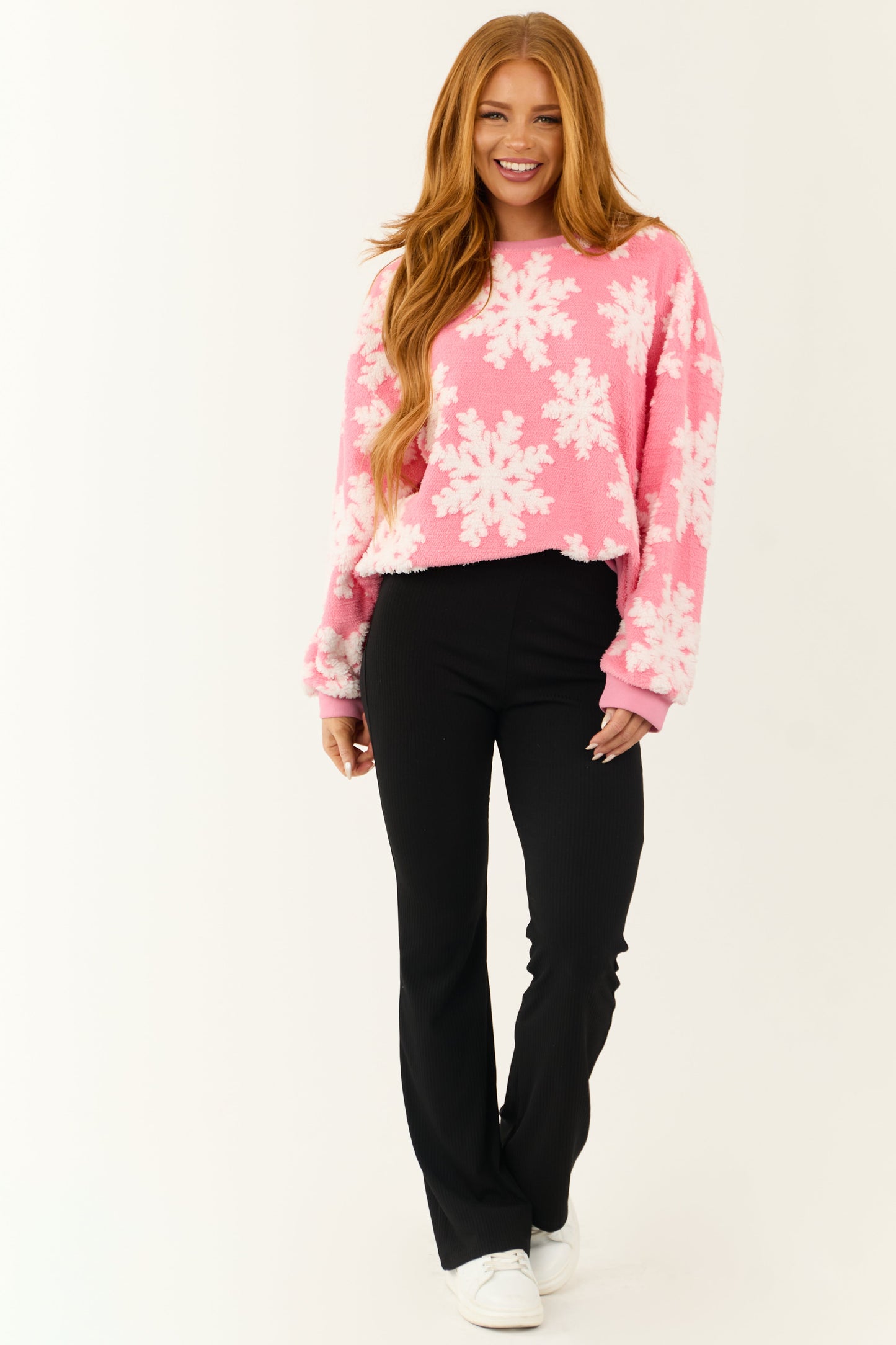 Women Bright Punch Snowflake Soft Sherpa Pullover Top