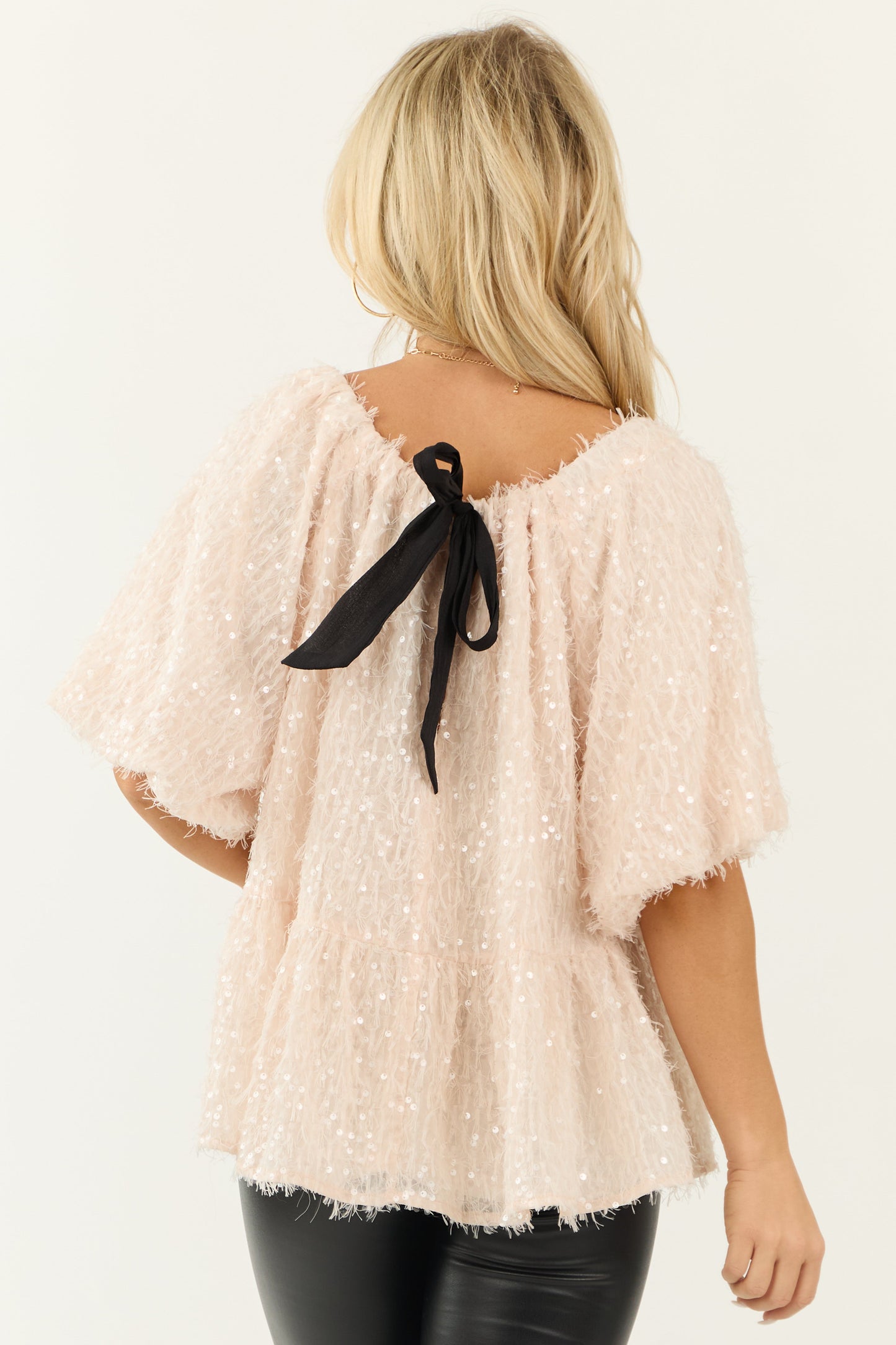 Women Blush Sequin Bow Neck Short Sleeve Top