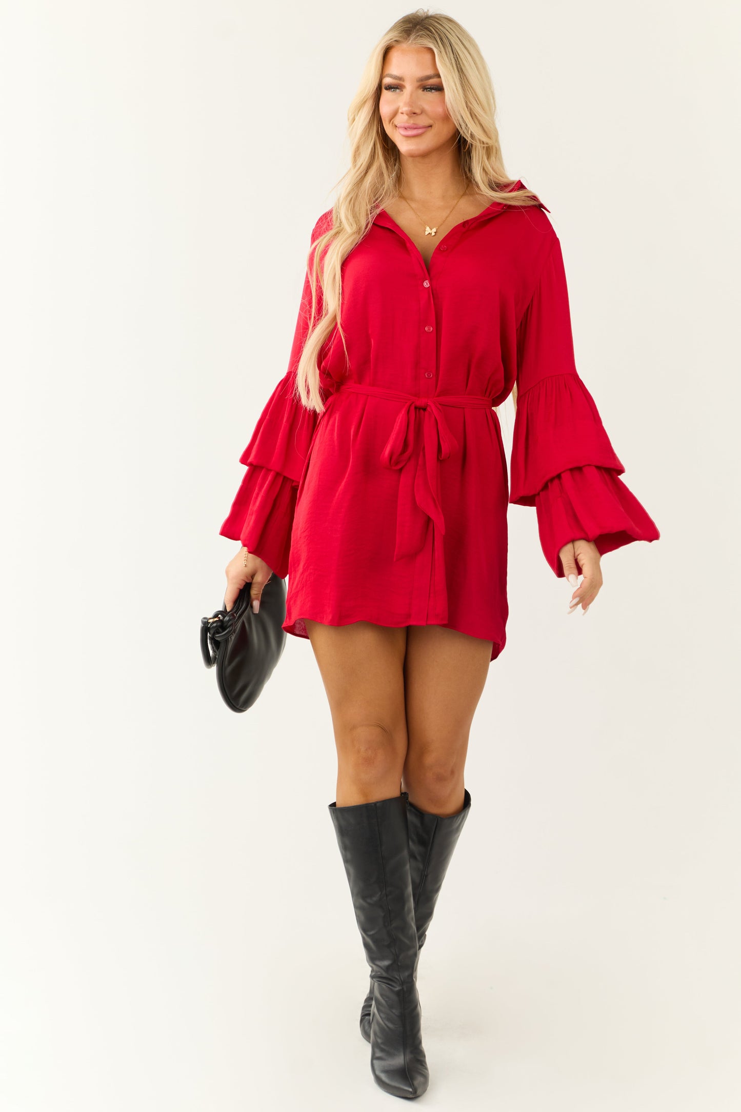 Women Bright Ruby Tiered Bell Sleeve Long Sleeve Mini Dress