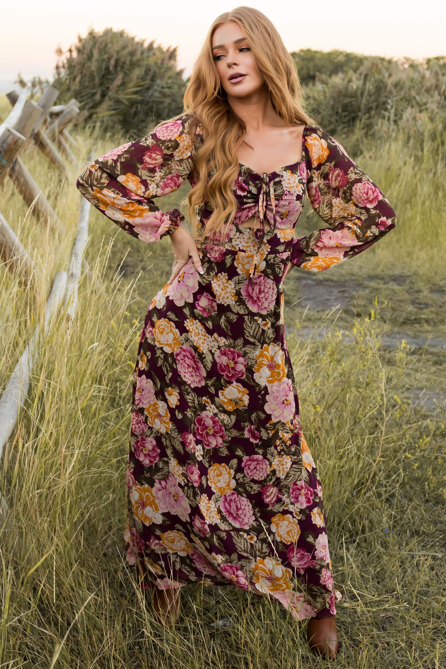 Women Boysenberry Floral Print Long Sleeve Maxi Dress