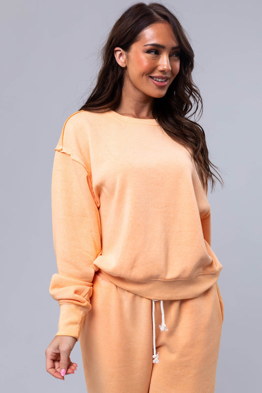 Women Bright Melon Washed Long Sleeve Knit Sweatshirt