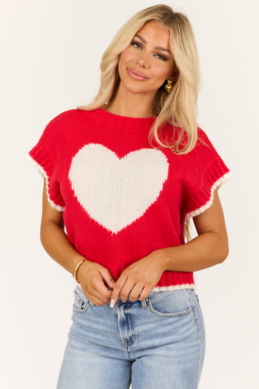 Women Bright Lipstick Heart Graphic Short Sleeve Sweater