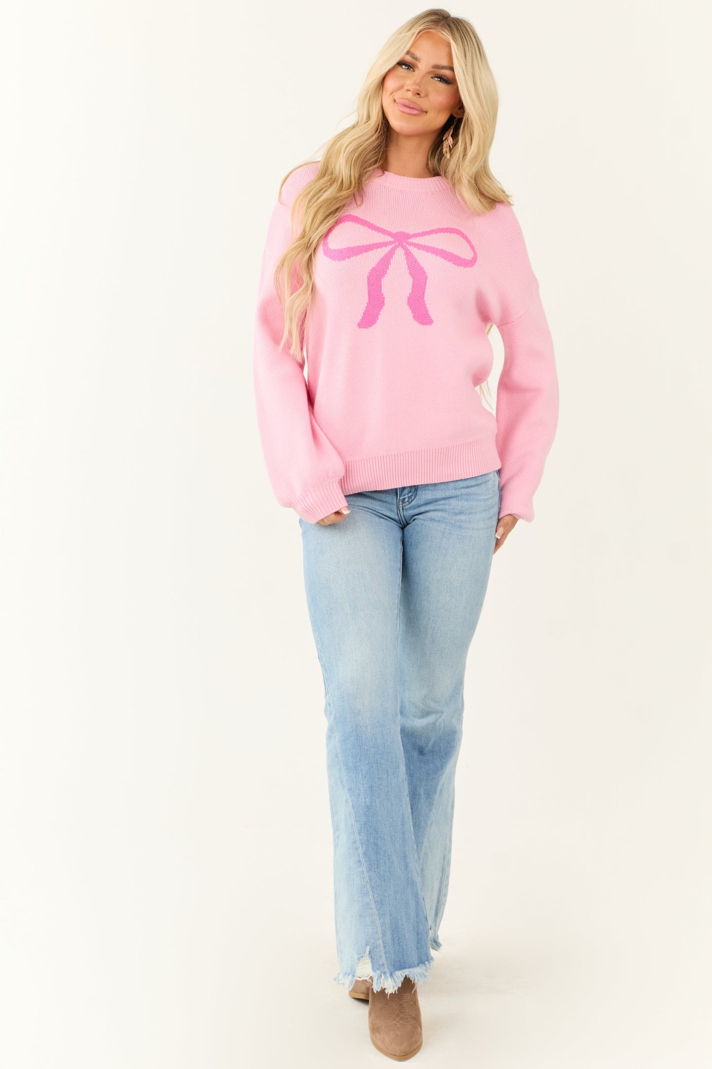 Women Bright Carnation Bow Graphic Puff Sleeve Sweater