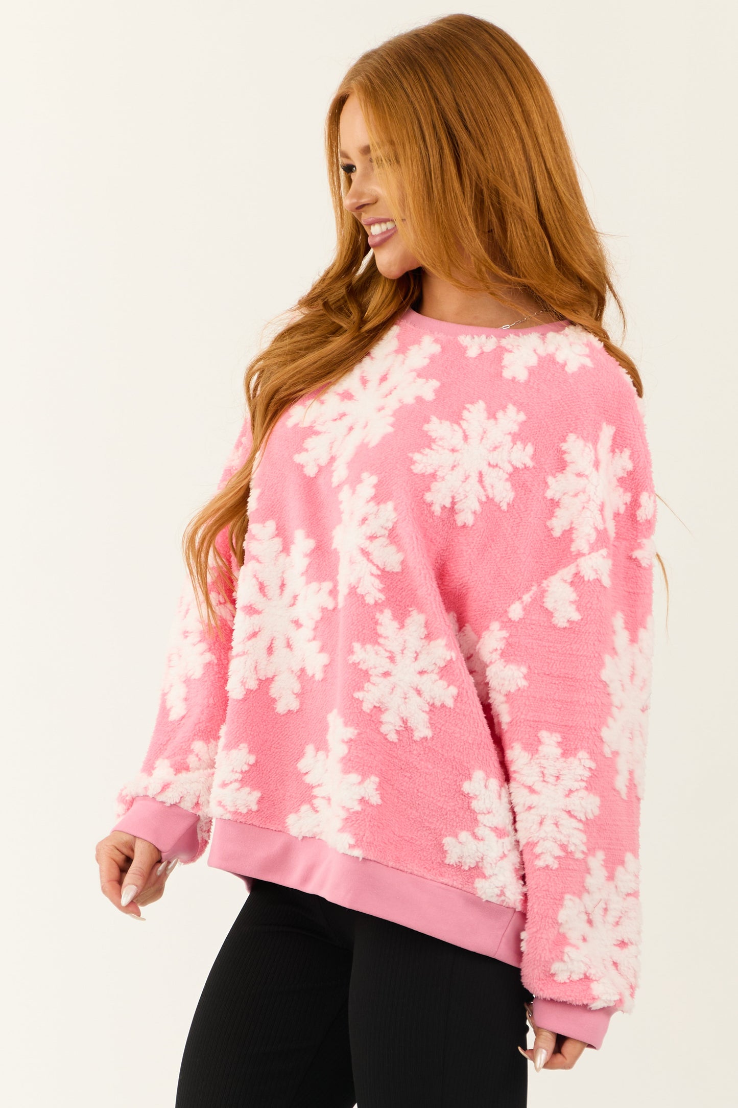 Women Bright Punch Snowflake Soft Sherpa Pullover Top