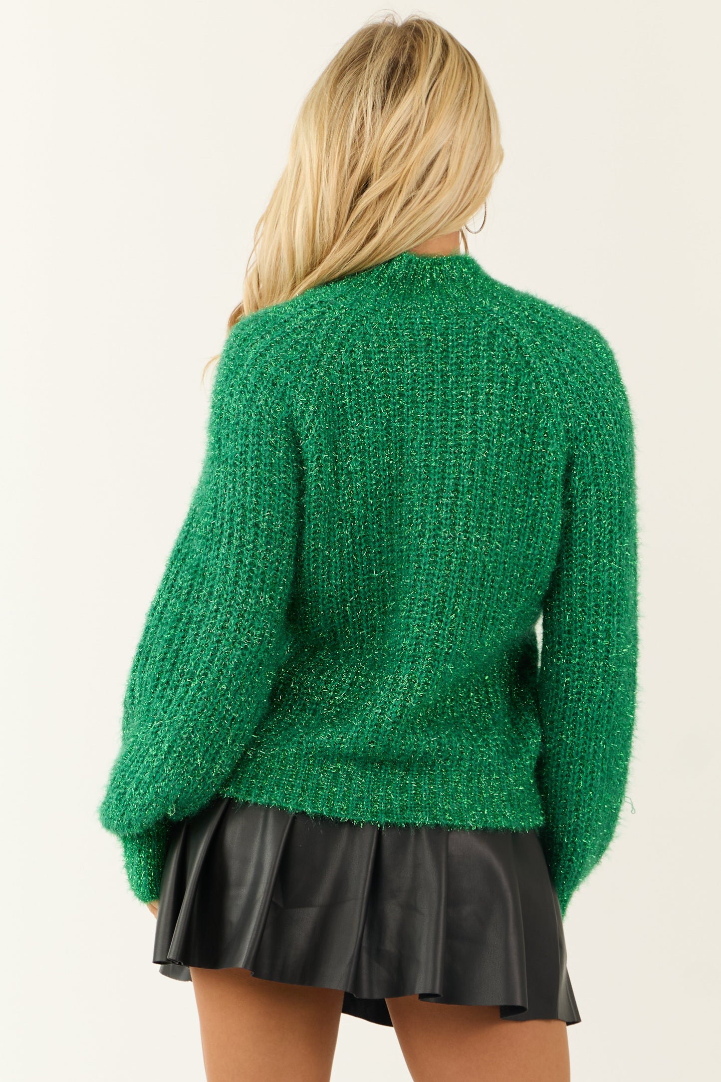 Women Bright Kelly Green Tinsel Yarn Mock Neck Sweater