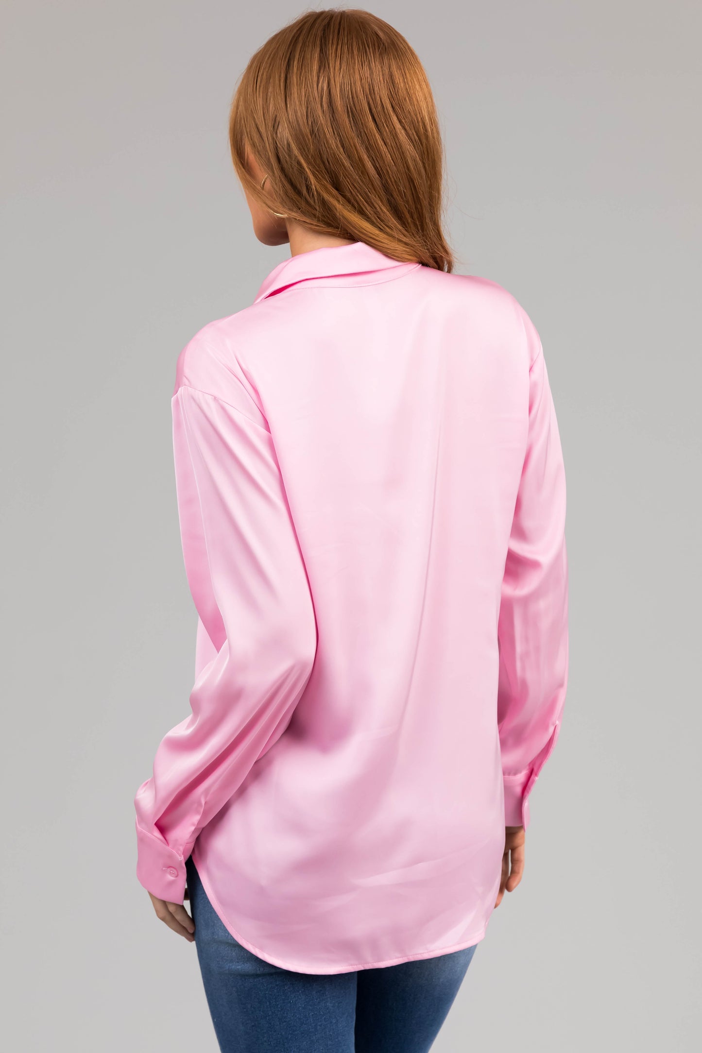 Women Blush Satin Button Front Collared Shirt